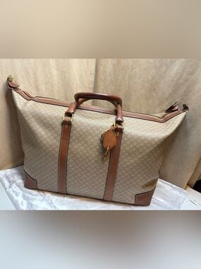 Vintage Celine Macadam Canvas Weekender Travel Bag Leather Made Italy